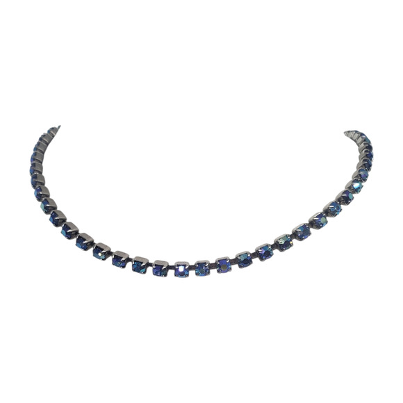 Vintage AB Aurora Borealis Blue Rhinestone Necklace Prong Set Hook Clasp Choker - Picture 2 of 7